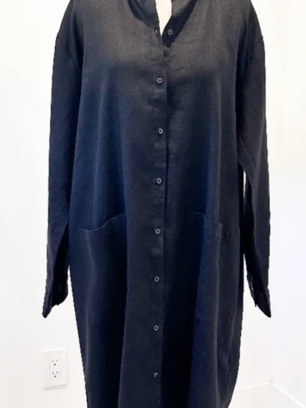 Eileen Fisher 100% Linen Shirtdress | Black | Size Large | Front Pockets - Picture 3 of 4